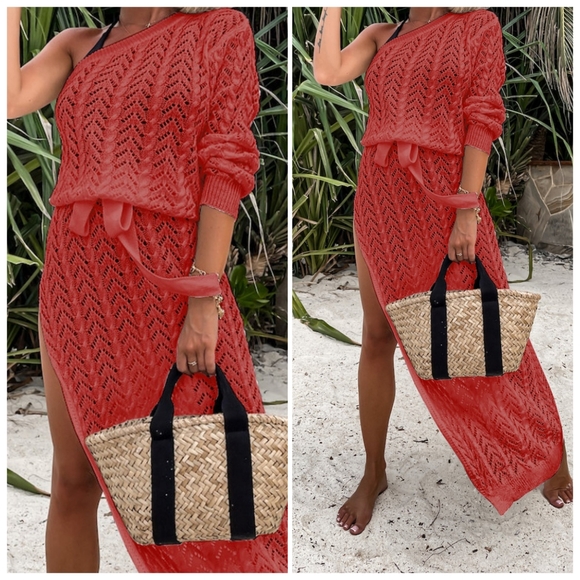 (Out of  Stock) Blue Slit Openwork Single Shoulder Knit Dress - Picture 8 of 10